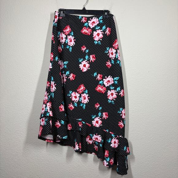 Bobeau Large Asymmetric Ruffled Midi A Line Skirt Black Dot Floral High Waisted - Picture 2 of 9